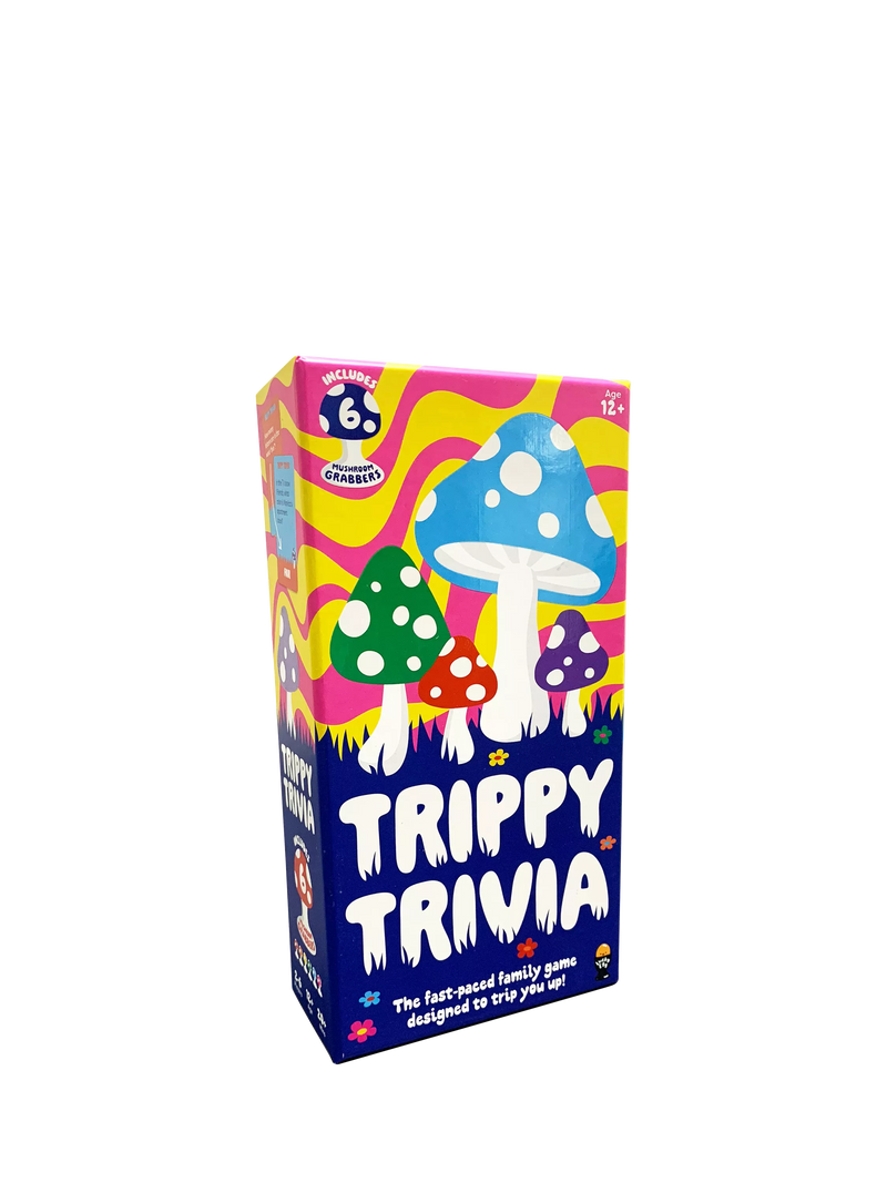 Lucky Egg Trippy Trivia mushroom-themed board game with grabbers and tokens, UK version