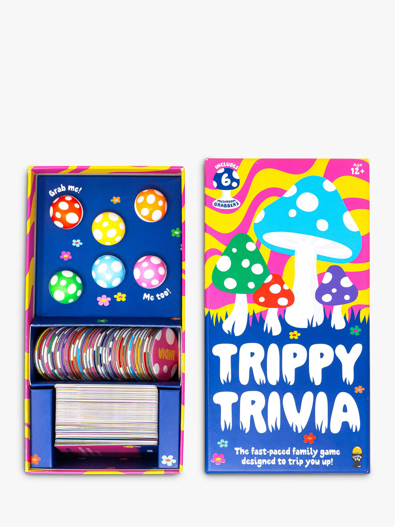 Lucky Egg Trippy Trivia mushroom-themed board game with grabbers and tokens, UK version