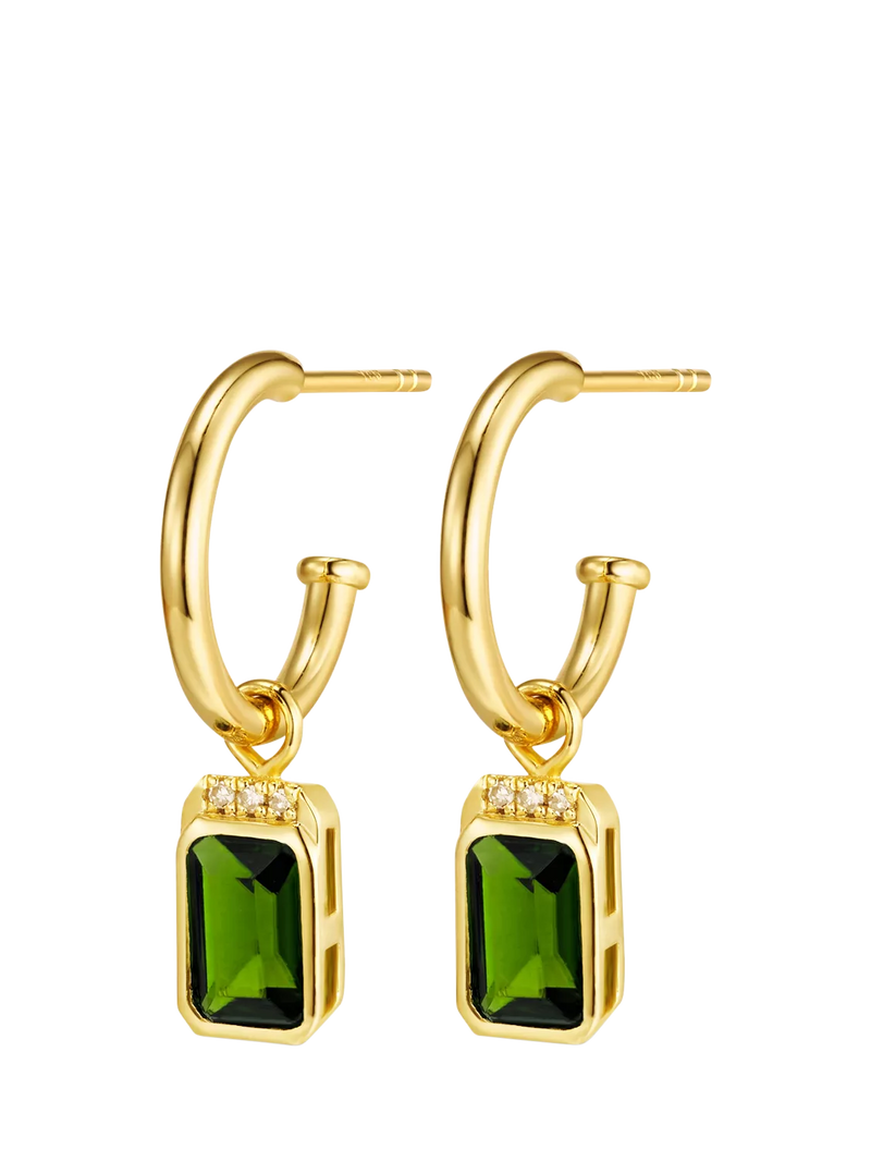 DPT Antwerp gold drop earrings with green Diopside and diamonds, UK version