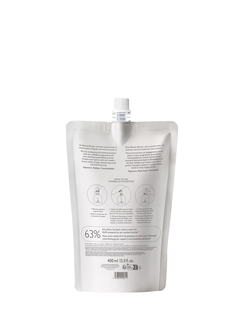 Molton Brown orange and bergamot bath and shower gel refill 400ml, imported from the UK