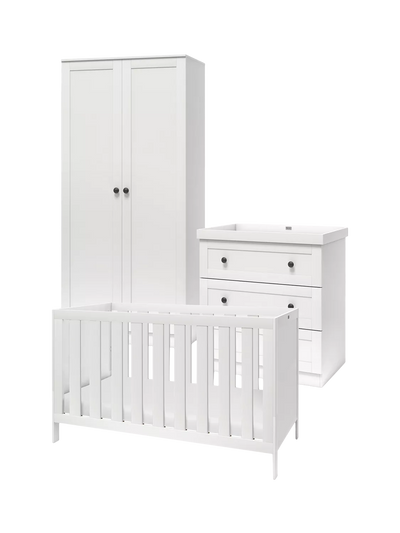 John Lewis Silver Cross Bromley Cotbed Double Wardrobe and 3 Drawer Dresser Set White Nursery Furniture Set- Buy online at McGrocer