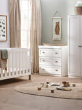 Silver Cross cot to toddler bed set with double wardrobe and three-drawer dresser in white (British brand)