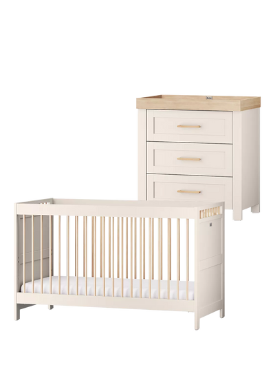 John Lewis Silver Cross Seville Cotbed and 3 Drawer Dresser Set Cashmere Oak Nursery Furniture Set- Buy online at McGrocer