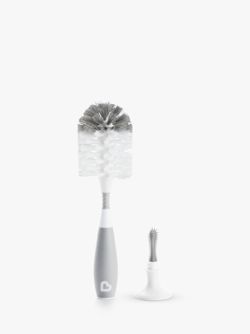 Munchkin grey bristle baby bottle brush with teat brush and suction base, imported from the UK