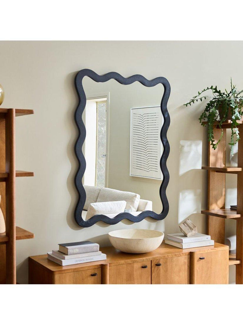 West Elm wavy wall mirror mango wood black 120x89cm, imported from the UK