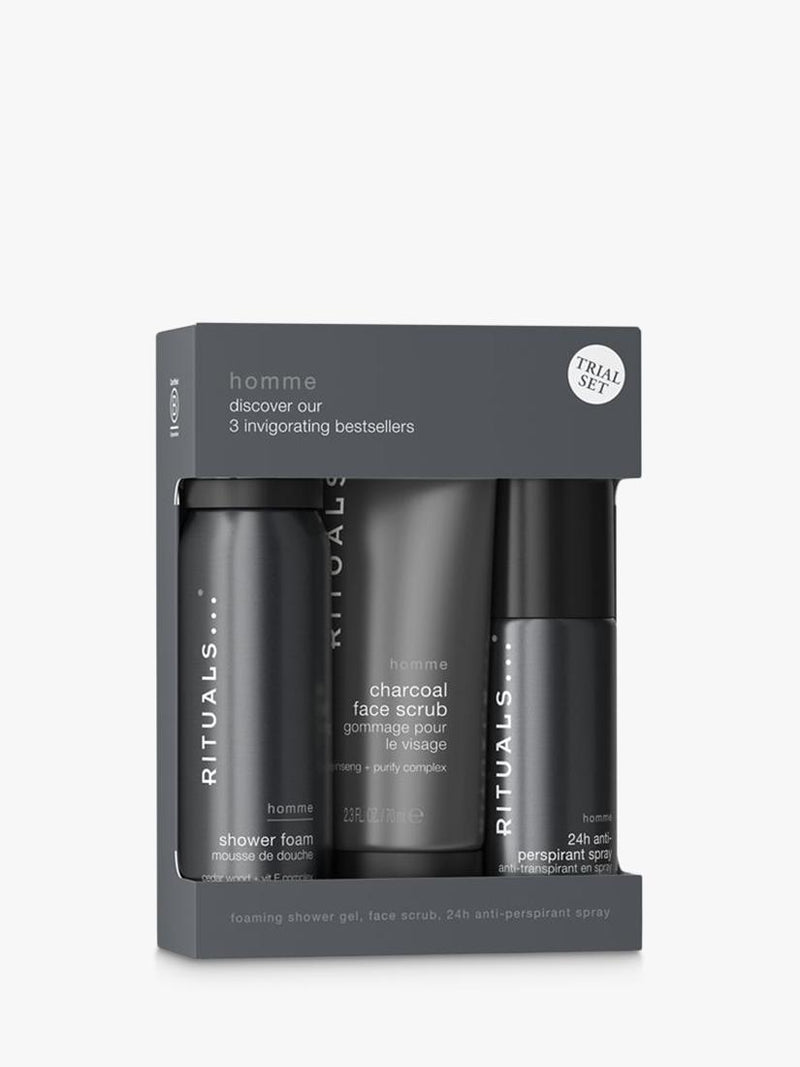 Rituals men's bodycare gift set including shower foam, anti-perspirant, and face scrub, imported from the UK