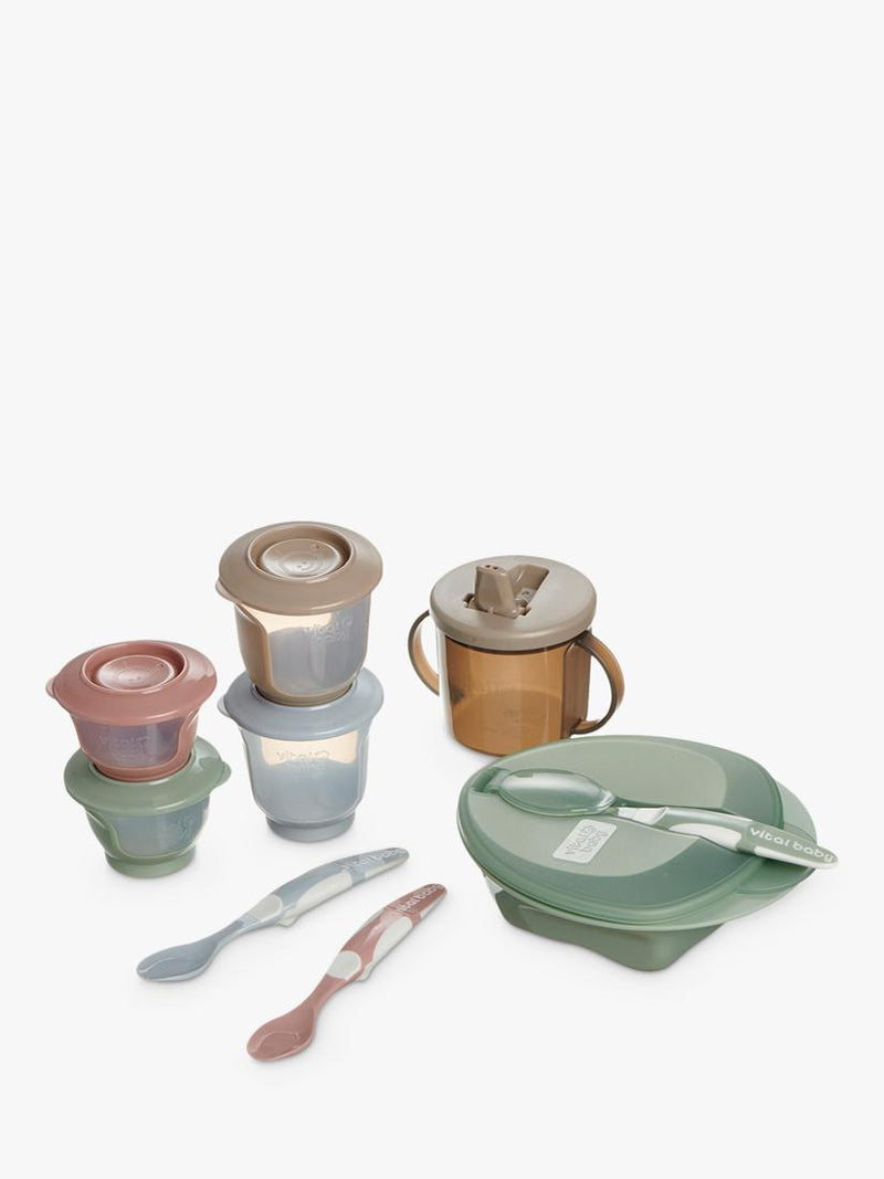 Vital Baby Nourish Start weaning kit with spoons, bowl, pots, bib, and cup (British brand)