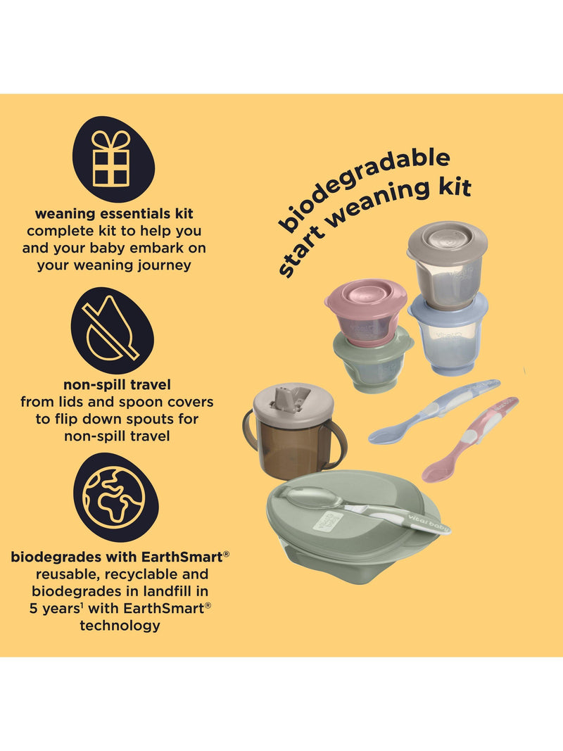 Vital Baby Nourish Start weaning kit with spoons, bowl, pots, bib, and cup (British brand)