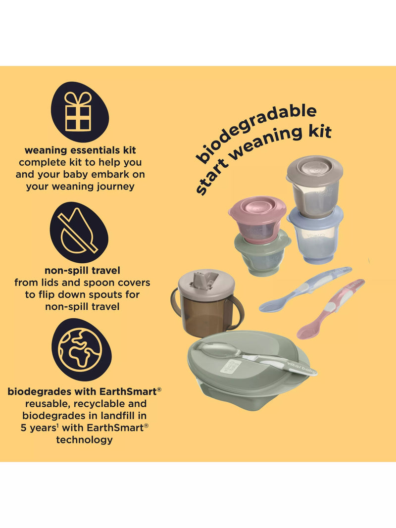 Vital Baby Nourish Start weaning kit with spoons, bowl, pots, bib, and cup (British brand)