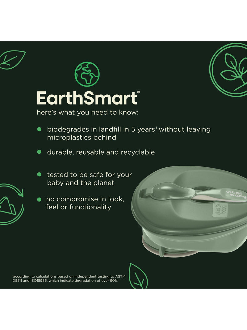 Vital Baby suction bowl in Natural Moss with chunky spoon and lid (British brand)