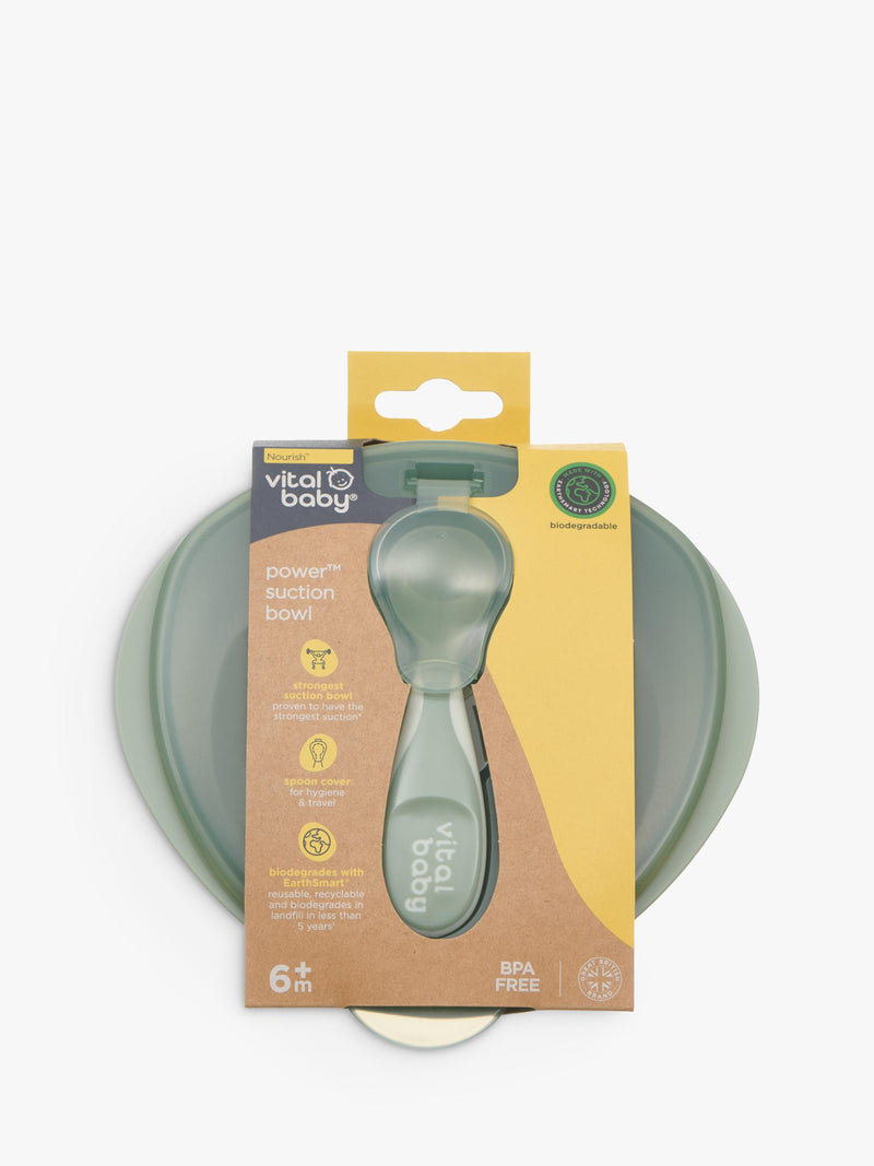 Vital Baby suction bowl in Natural Moss with chunky spoon and lid (British brand)