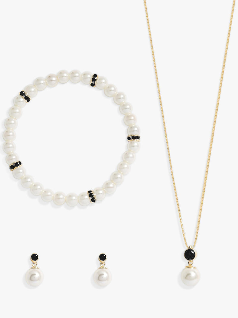 Jet and Pearl Trio Jewellery Set with Necklace, Bracelet, and Earrings
