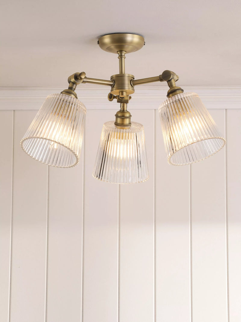 Laura Ashley Callaghan semi-flush ceiling light clear fluted glass antique brass, imported from the UK
