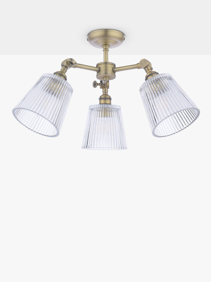Laura Ashley Callaghan semi-flush ceiling light clear fluted glass antique brass, imported from the UK