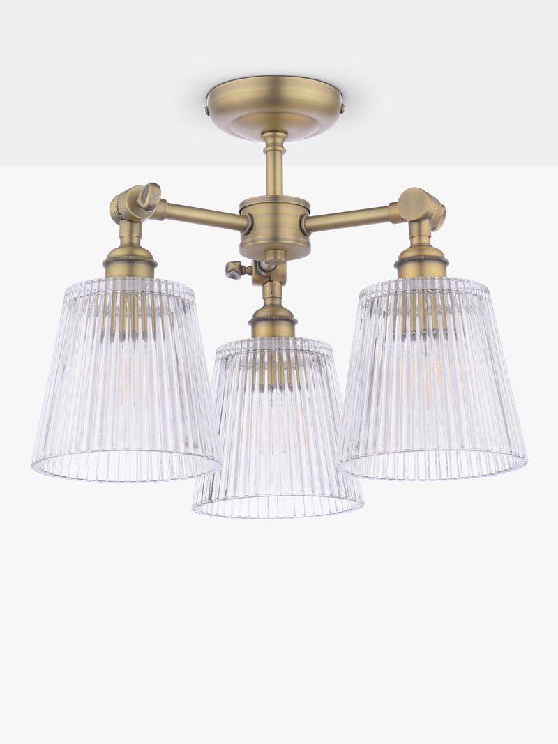 Laura Ashley Callaghan semi-flush ceiling light clear fluted glass antique brass, imported from the UK