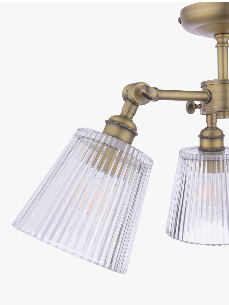 Laura Ashley Callaghan semi-flush ceiling light clear fluted glass antique brass, imported from the UK