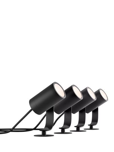 John Lewis Philips Hue Lily Outdoor Smart Spotlight Kit, Base Unit & Extension with 4 Spotlights, Black- Buy online at McGrocer