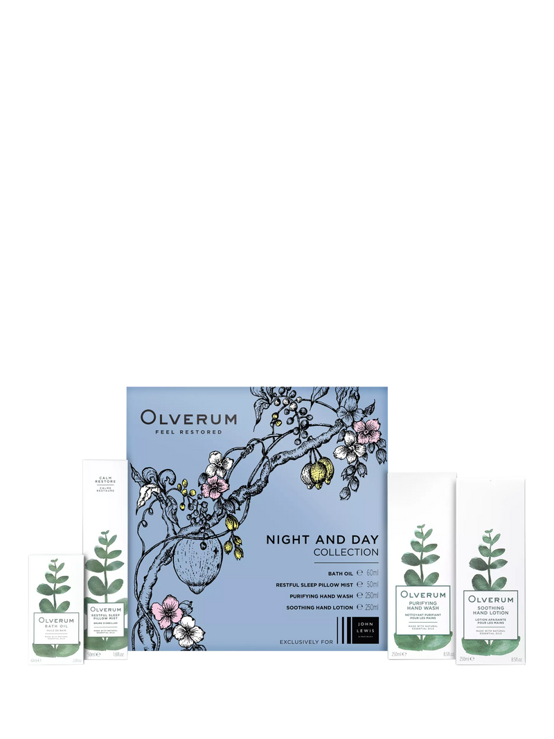 Olverum Night and Day Collection Bodycare Gift Set with bath oil, pillow mist, hand wash, and lotion, imported from the UK