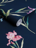 Laura Ashley floral watercolour wallpaper with iris pattern in midnight seaspray, UK version