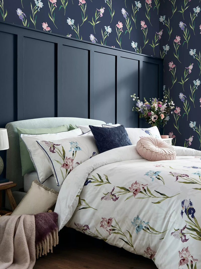 Laura Ashley floral watercolour wallpaper with iris pattern in midnight seaspray, UK version