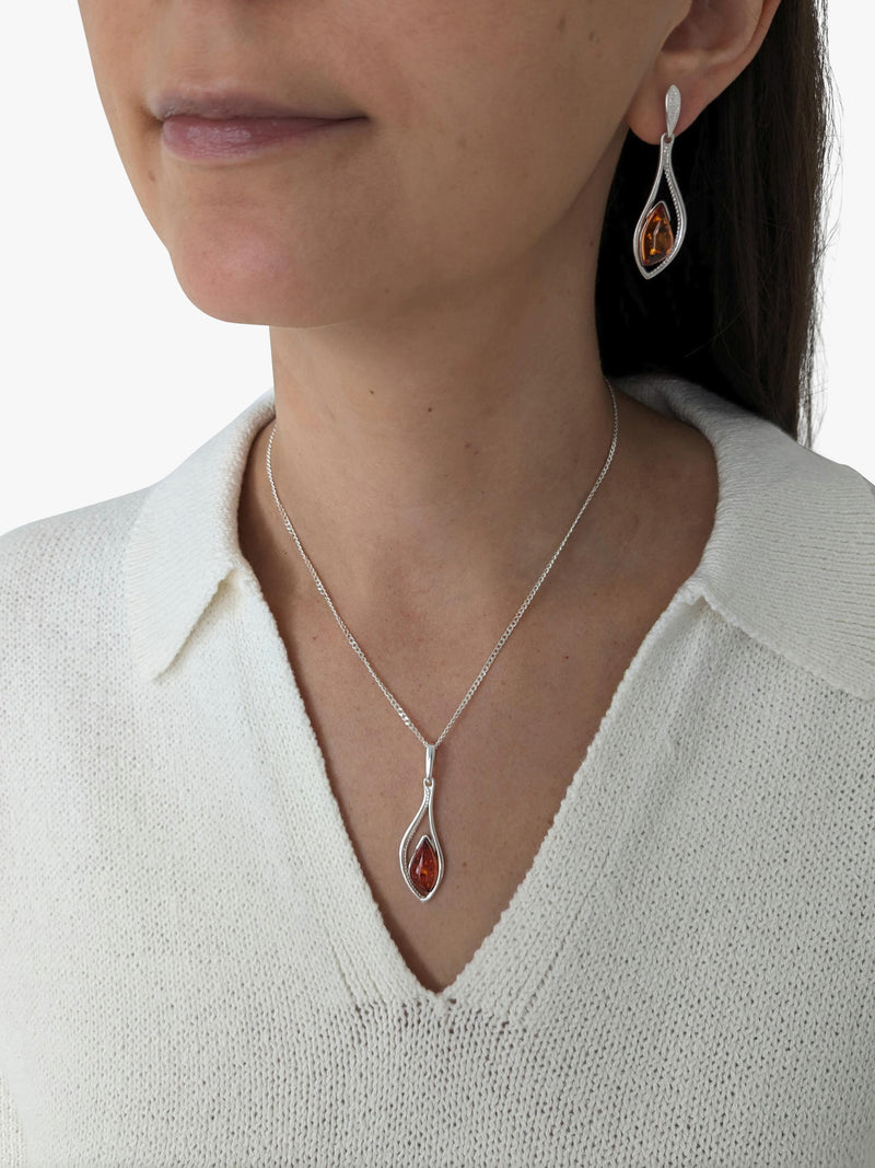 Be-Jewelled Baltic amber drop earrings marquise cut silver, UK version