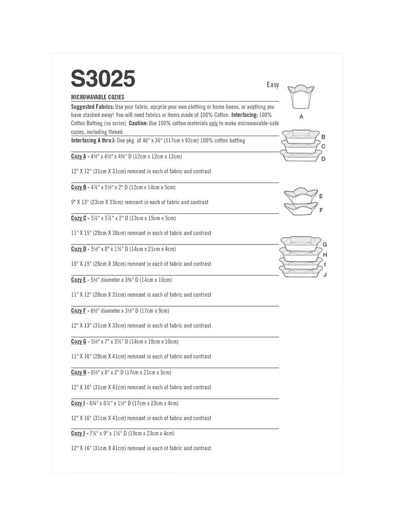 Simplicity microwave cozy sewing pattern SS3025OS, imported from the UK