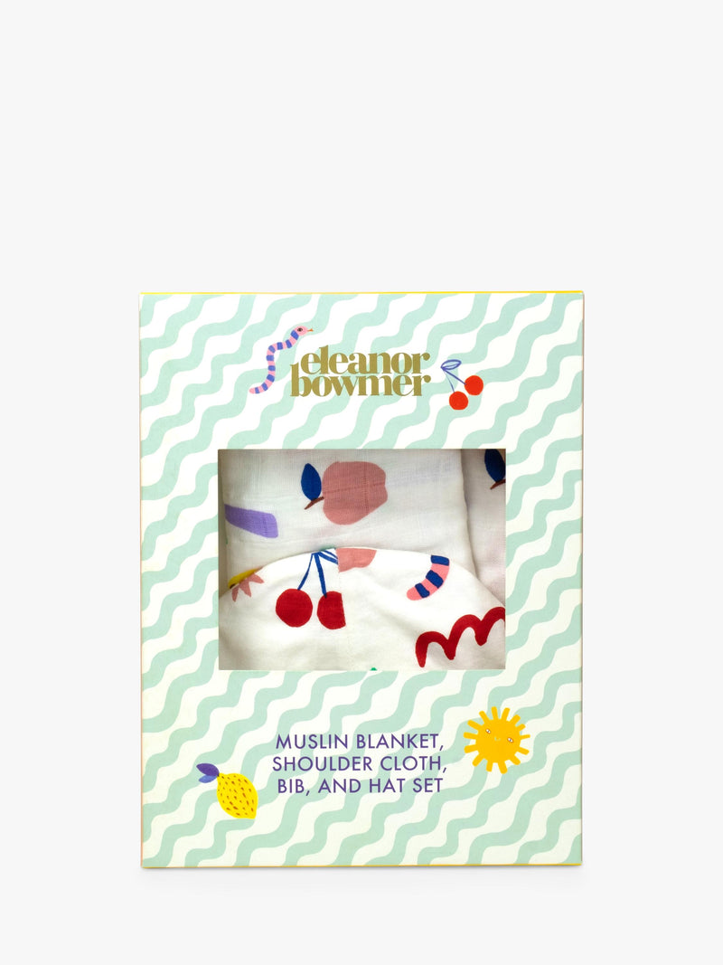 Eleanor Bowmer baby gift set with muslin, hat, bib, and shoulder cloth - British product