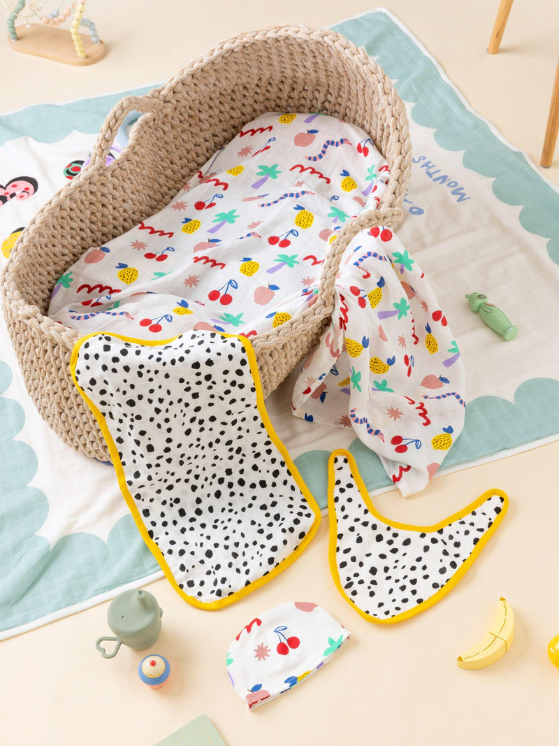 Eleanor Bowmer baby gift set with muslin, hat, bib, and shoulder cloth - British product