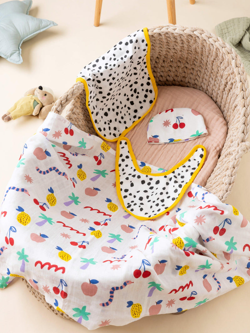 Eleanor Bowmer baby gift set with muslin, hat, bib, and shoulder cloth - British product
