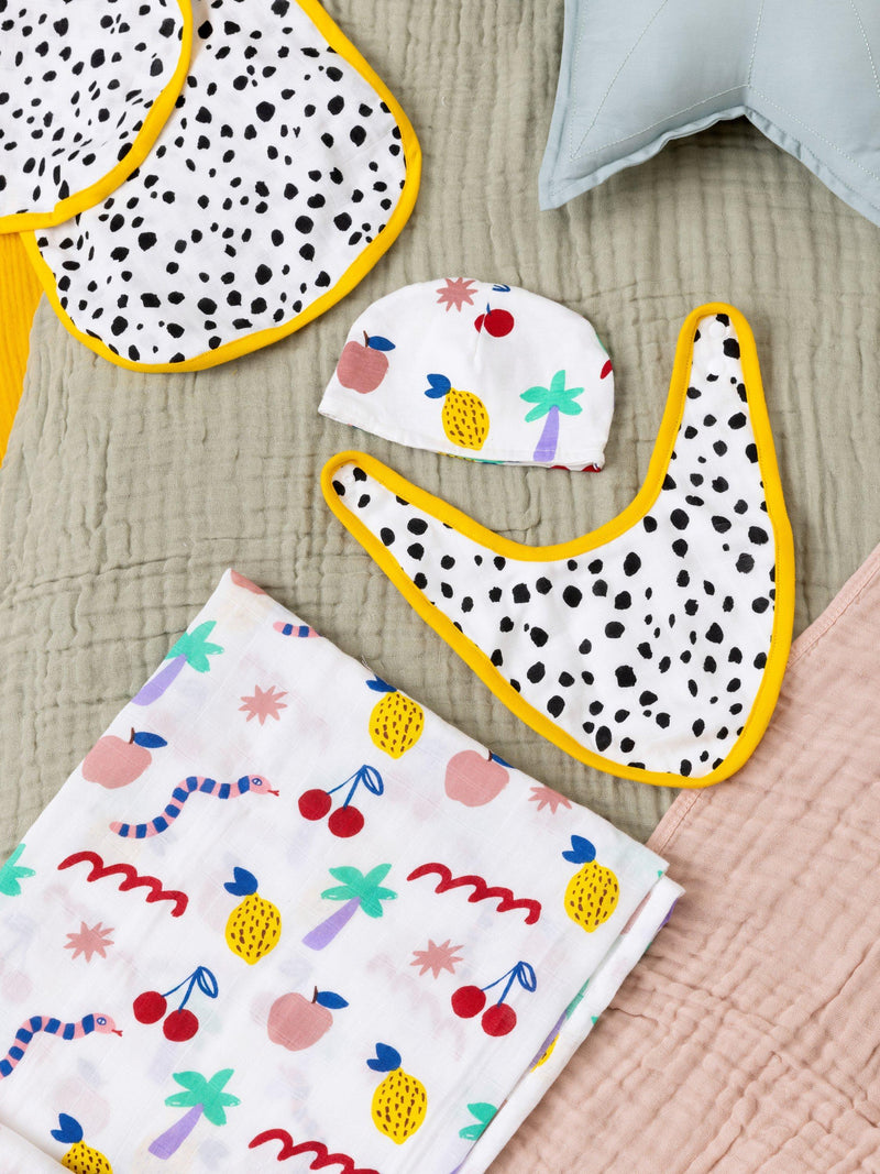 Eleanor Bowmer baby gift set with muslin, hat, bib, and shoulder cloth - British product
