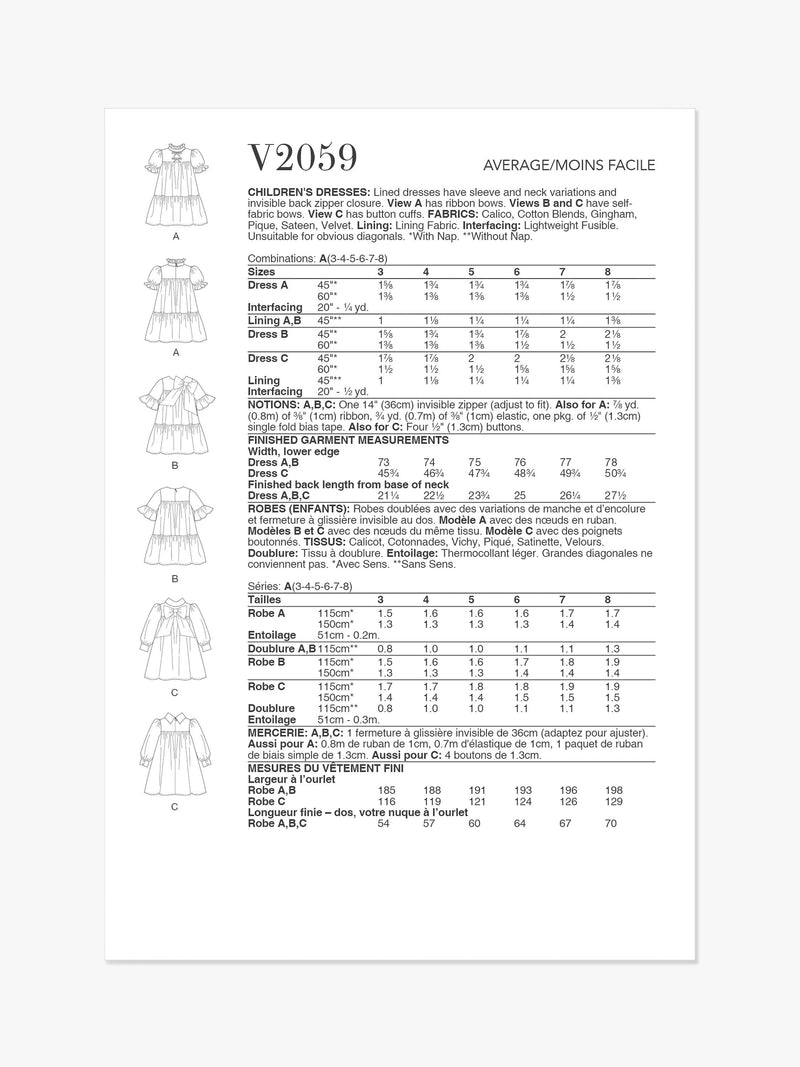Simplicity Vogue V2059 children's dresses sewing pattern, UK version