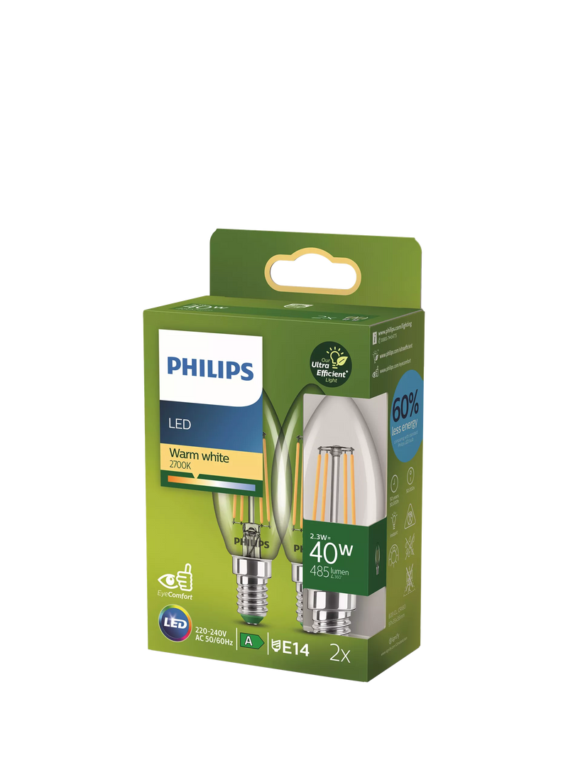 Philips LED bulb 2.3W E14 warm white pack of 2, UK version