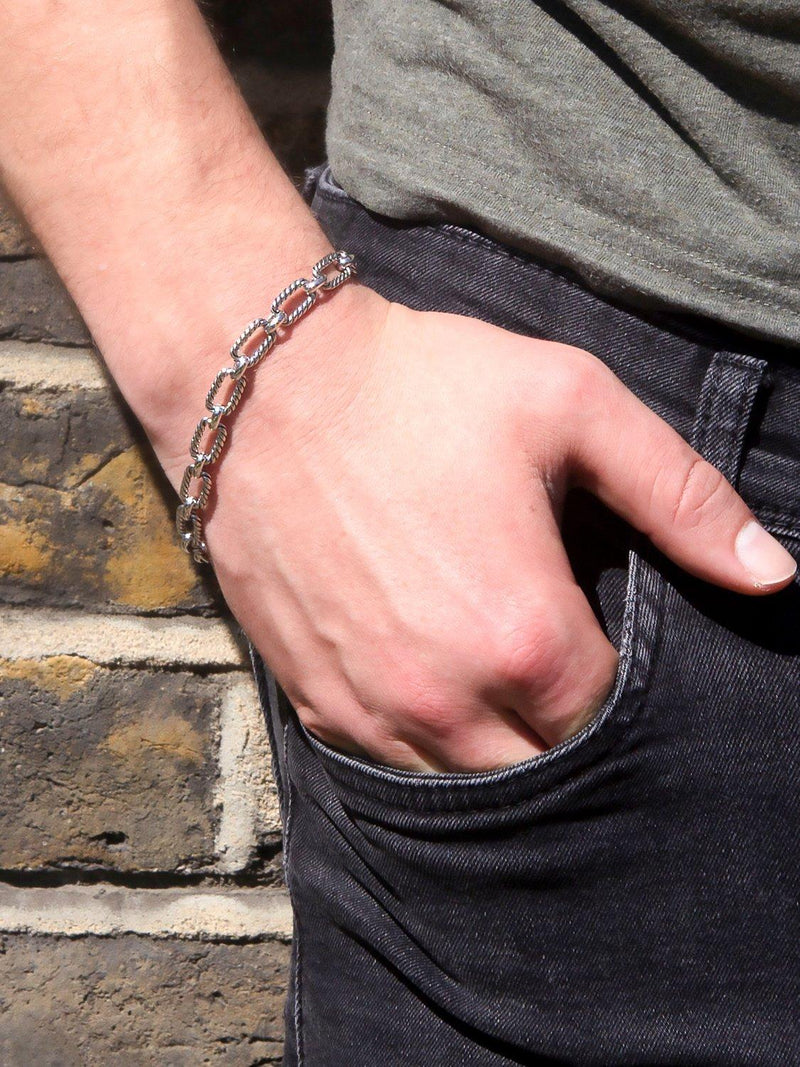 Hoxton London men's rhodium plated twist-link bracelet, imported from the UK