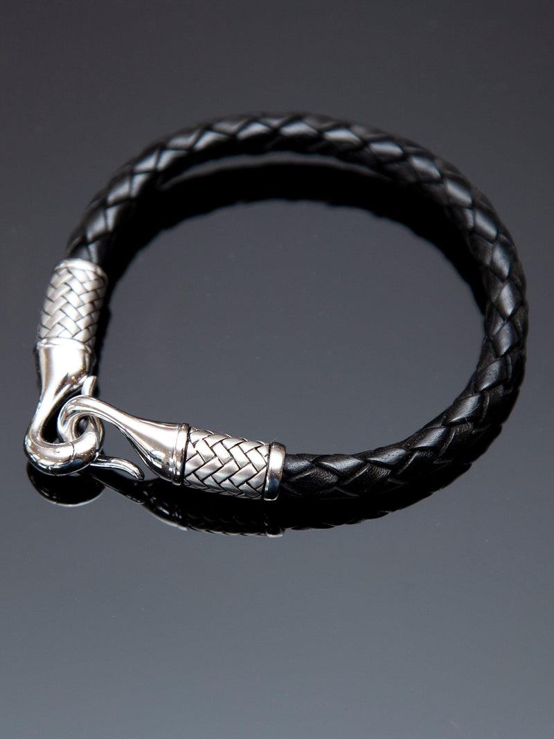 Hoxton London men's leather woven bracelet silver black - UK version