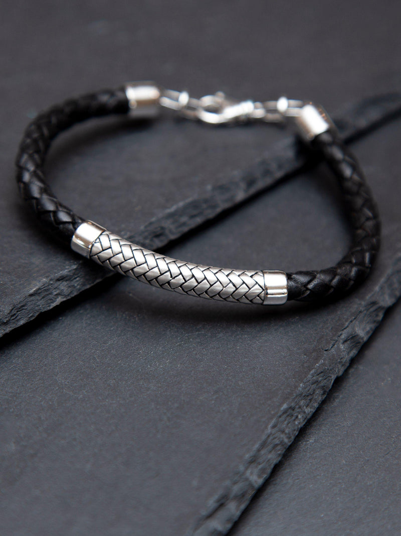 Hoxton London rhodium plated leather bracelet 21.5cm, UK version