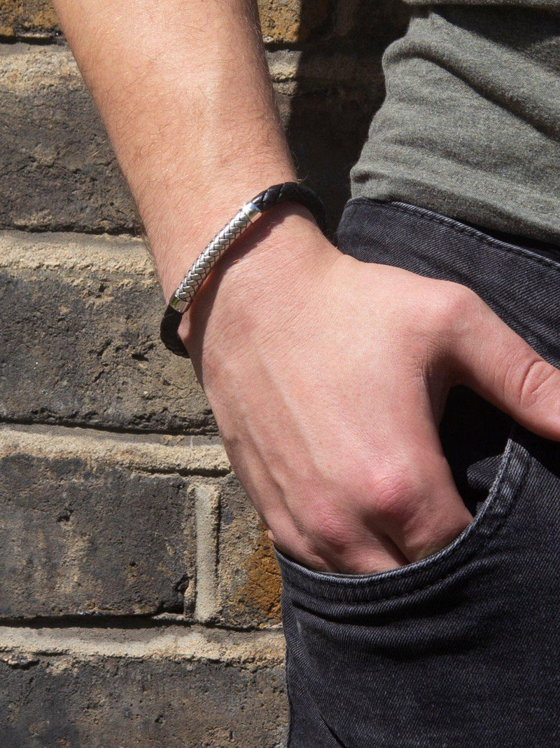 Hoxton London rhodium plated leather bracelet 21.5cm, UK version