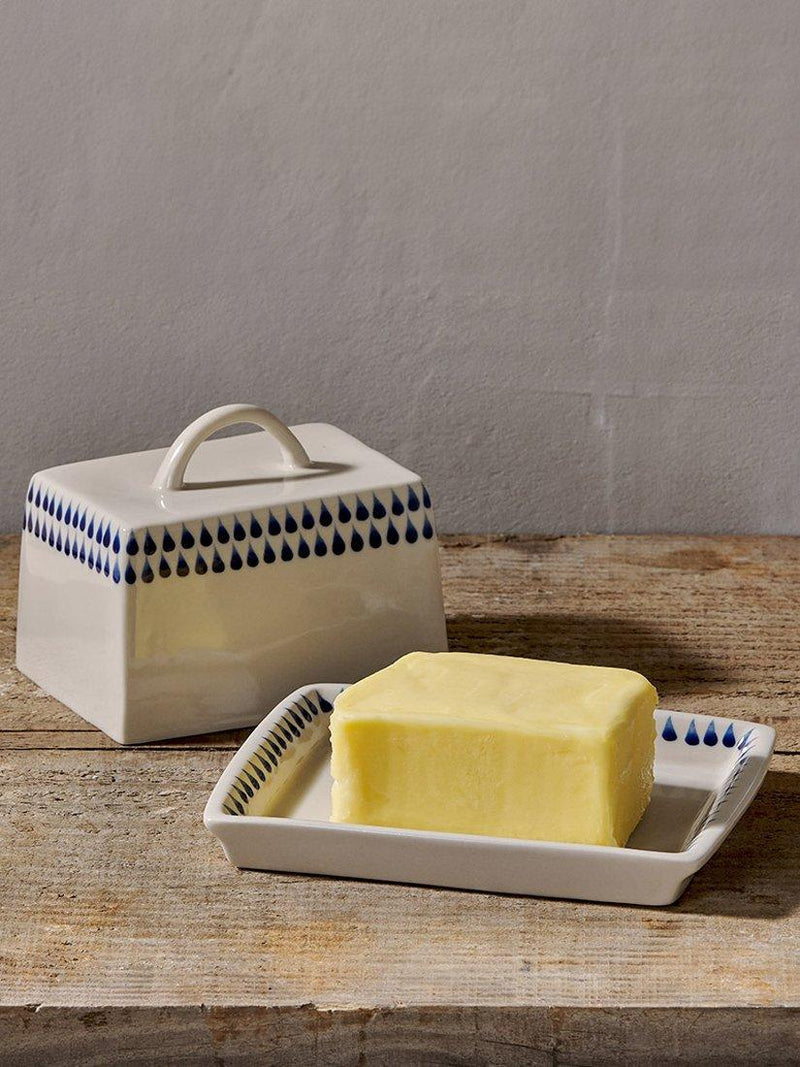 Nkuku Indigo Drop cream blue butter dish, imported from the UK