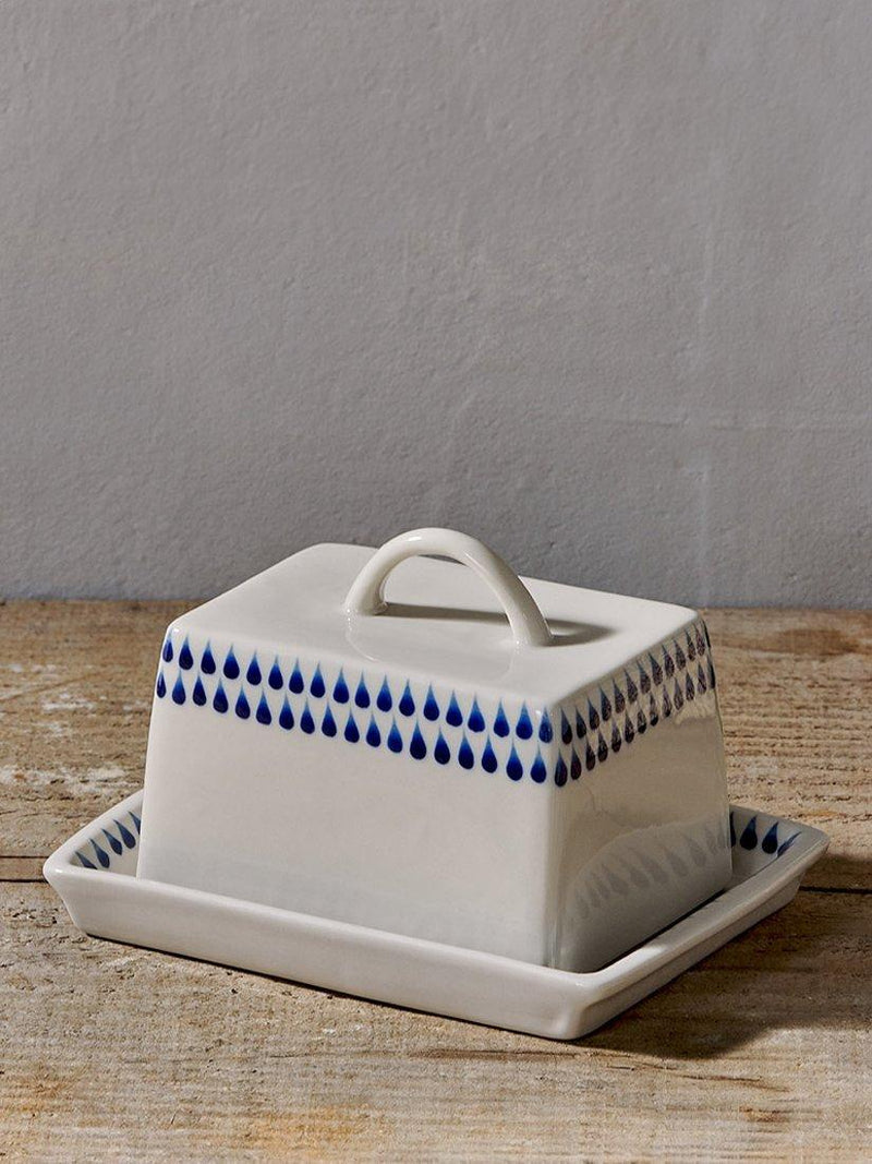 Nkuku Indigo Drop cream blue butter dish, imported from the UK
