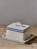 Nkuku Indigo Drop cream blue butter dish, imported from the UK