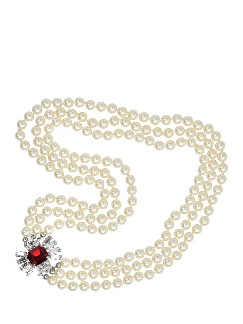Eclectica faux pearl crystal collar necklace, silver/red (British brand)
