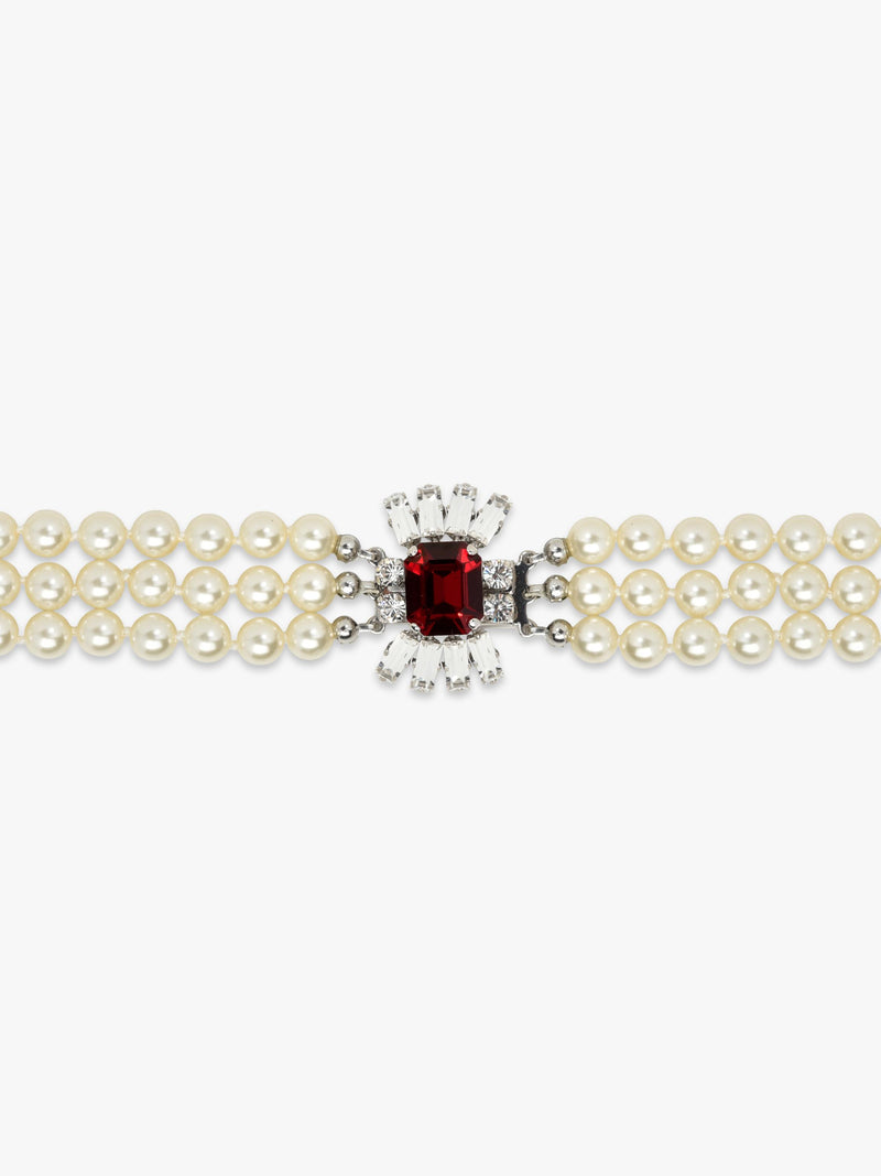 Eclectica faux pearl crystal collar necklace, silver/red (British brand)