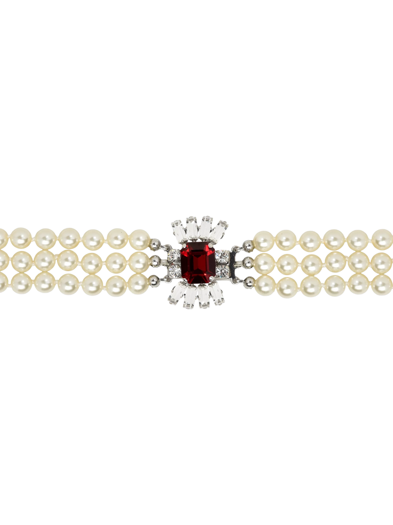 Eclectica faux pearl crystal collar necklace, silver/red (British brand)