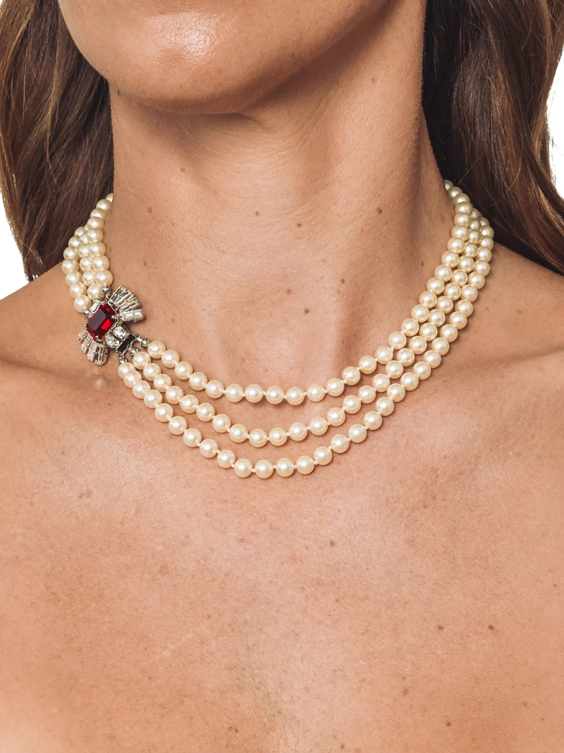 Eclectica faux pearl crystal collar necklace, silver/red (British brand)