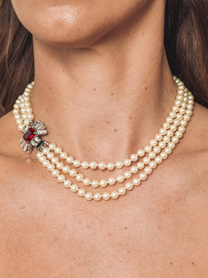 Eclectica faux pearl crystal collar necklace, silver/red (British brand)