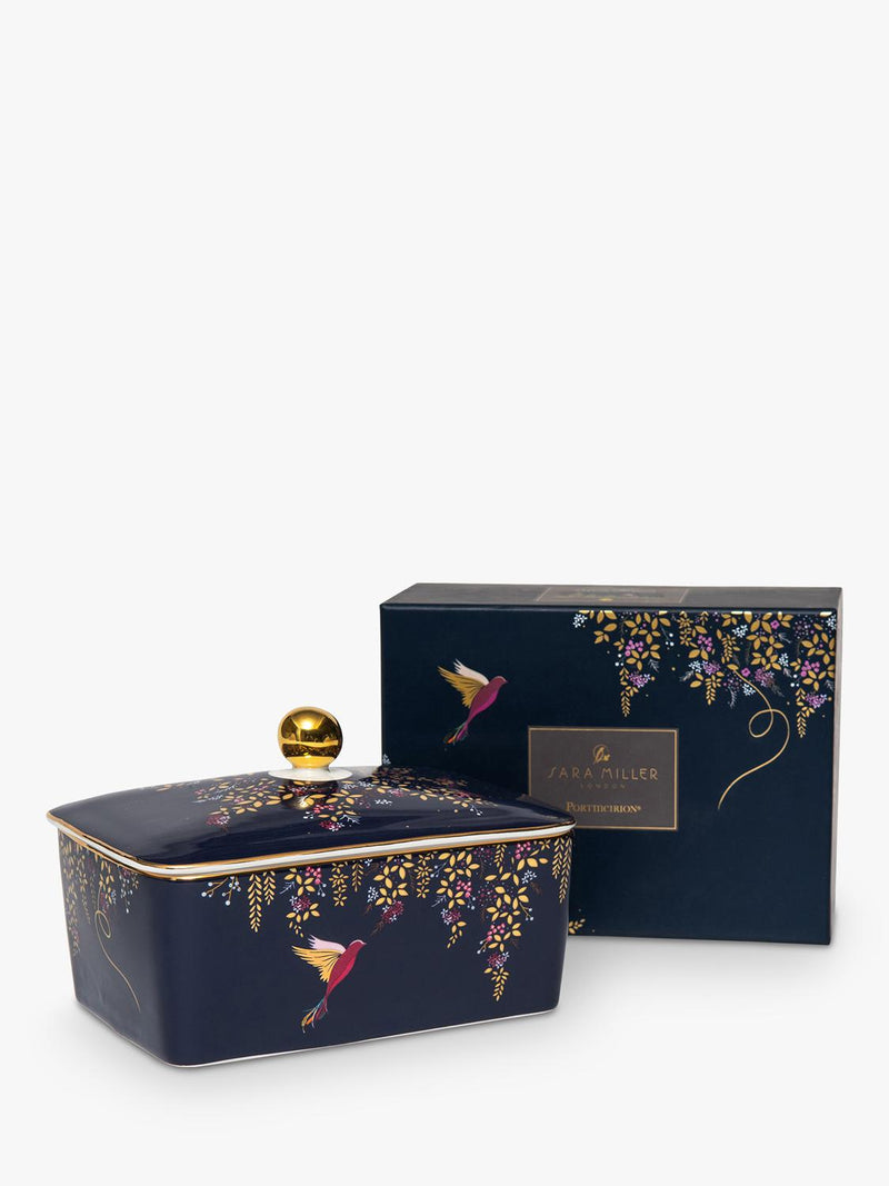 Sara Miller fine china butter dish navy with gold (British brand)