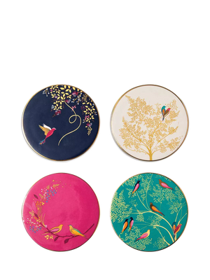 Fine China Round Coasters with 22-Carat Gold Detailing and Bird Motif, Set of 4