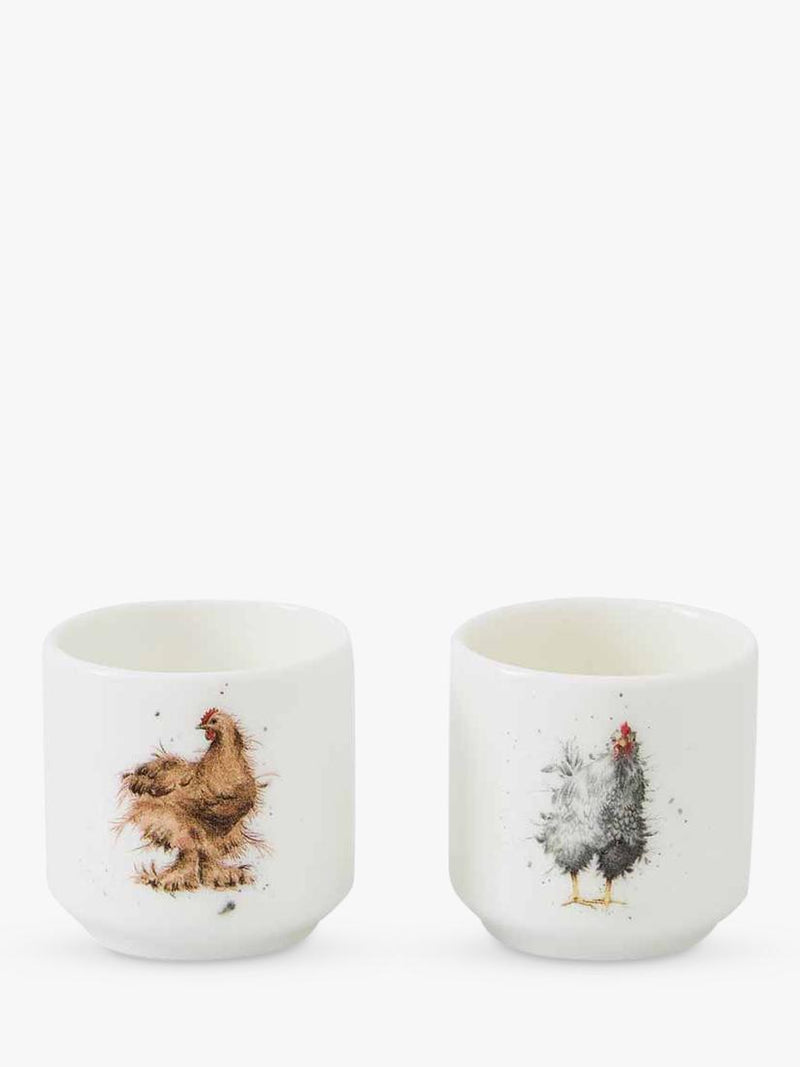 Wrendale Designs fine bone china egg cups set of 2 white multi feathery chicken designs (British brand)