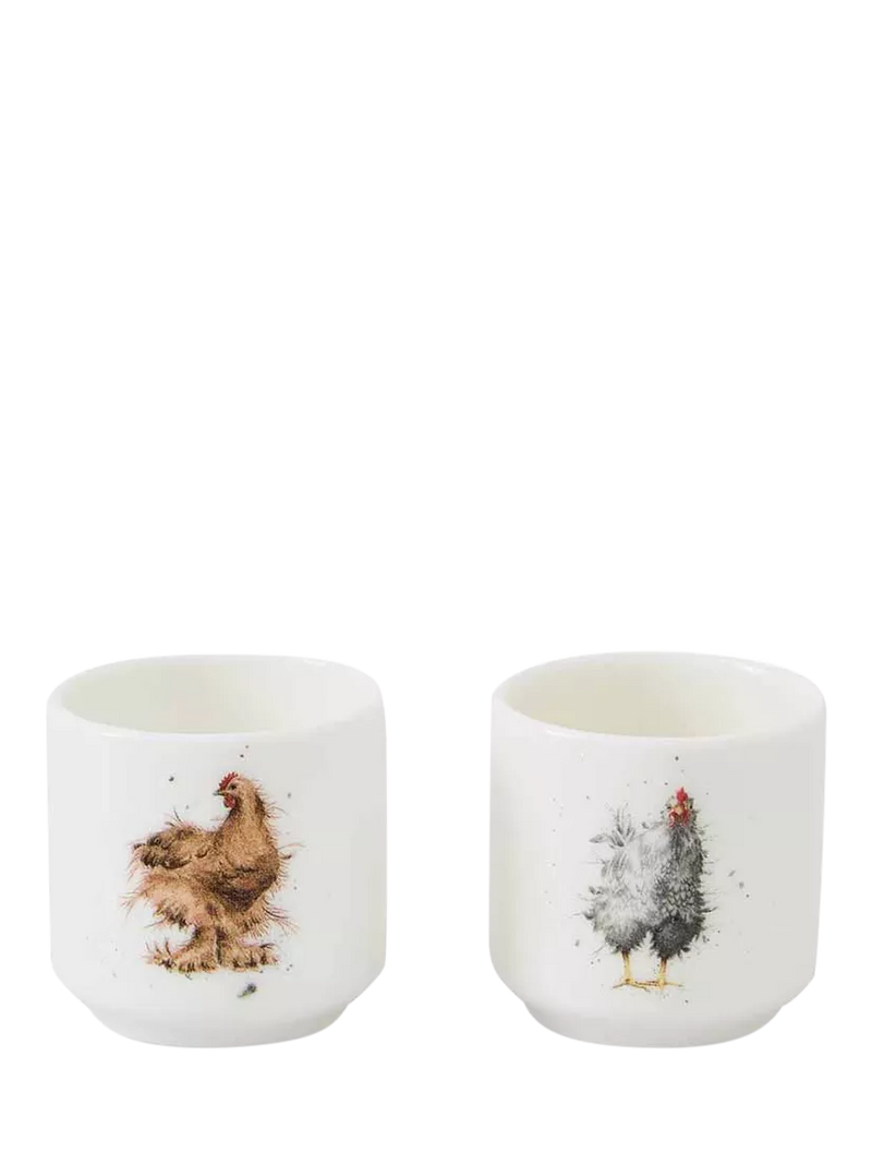 Wrendale Designs fine bone china egg cups set of 2 white multi feathery chicken designs (British brand)