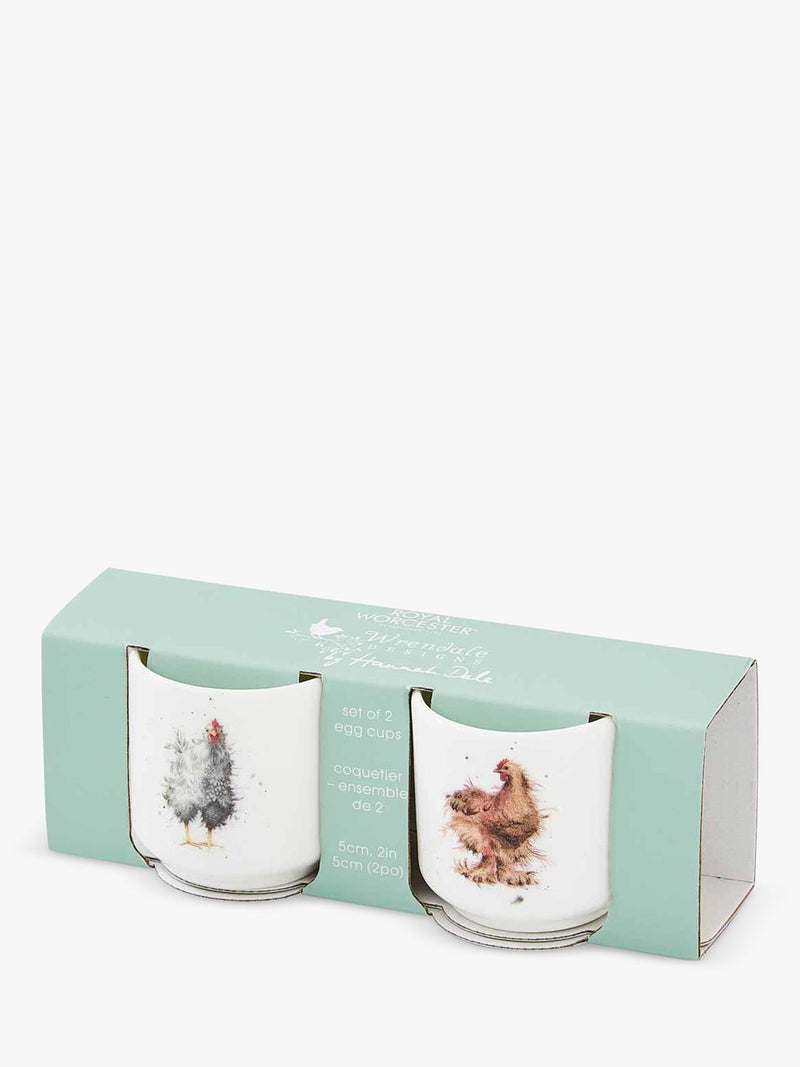 Wrendale Designs fine bone china egg cups set of 2 white multi feathery chicken designs (British brand)
