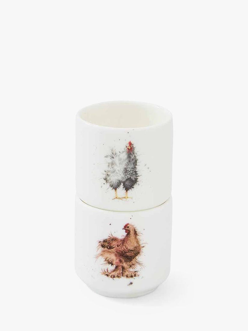 Wrendale Designs fine bone china egg cups set of 2 white multi feathery chicken designs (British brand)